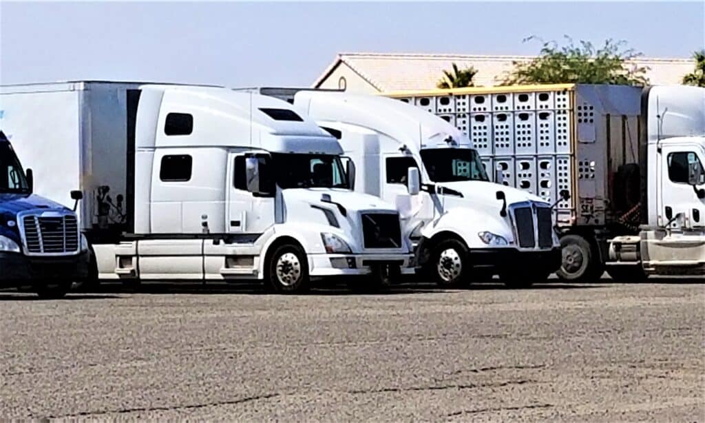 Transportation and Logistics! Big Rig Semi Trucks Parked in Truck Parking!